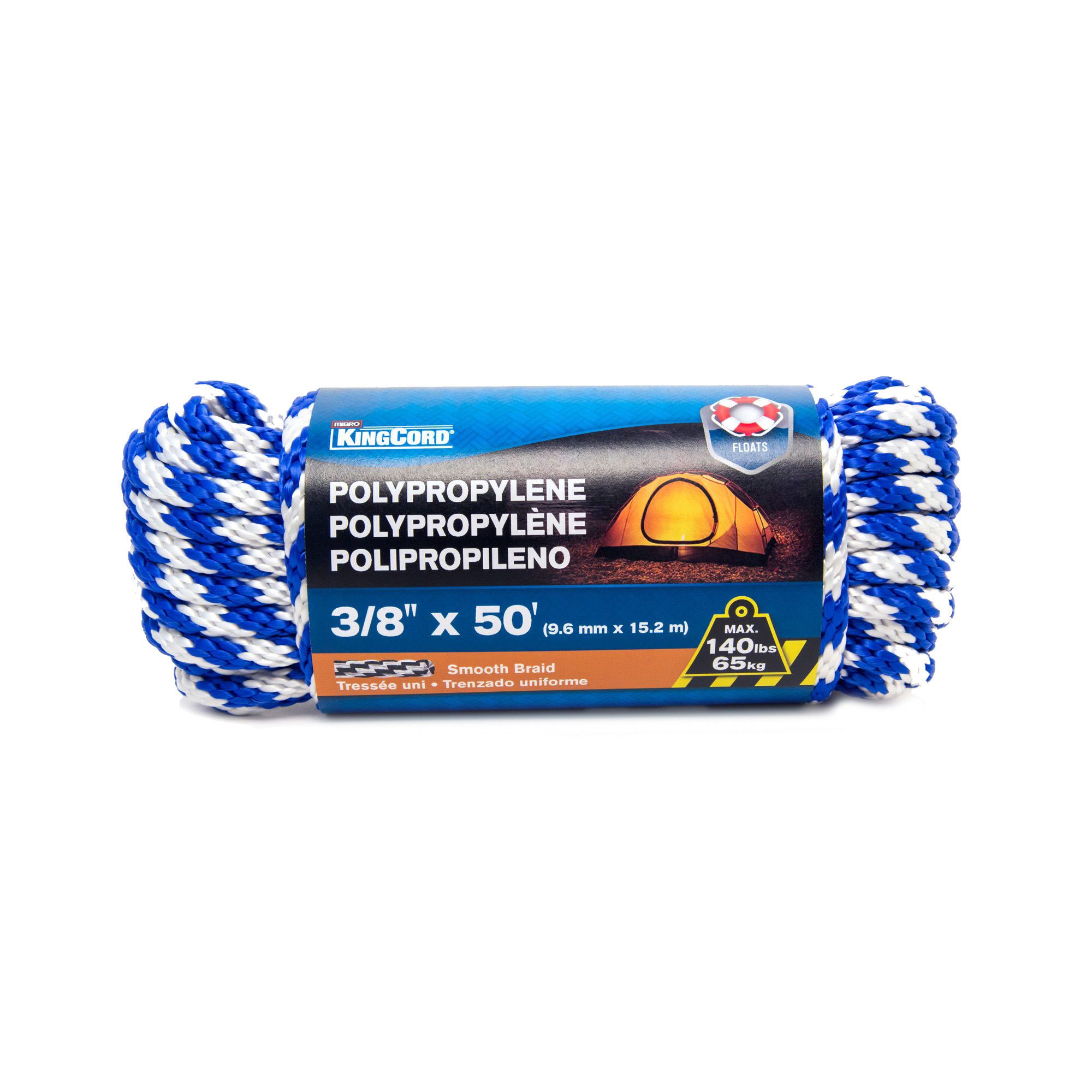 Smooth Polypropylene Braid Rope - Blue/White - 3/8 x 50' from KINGCORD