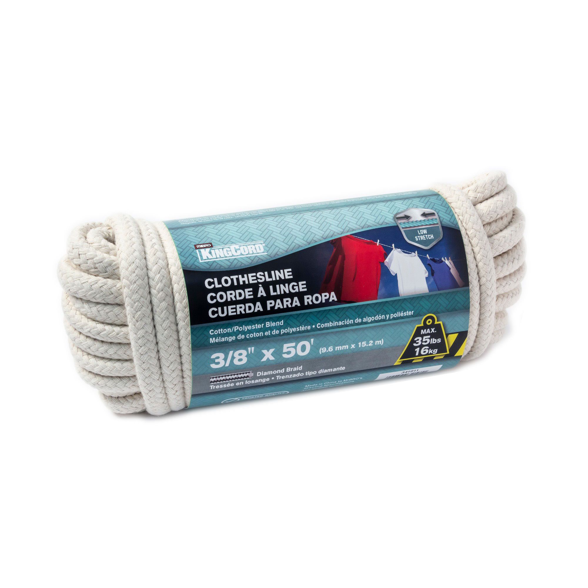 Cotton Polyester Diamond Braid Clothesline Rope - 3/8 x 50' from KINGCORD