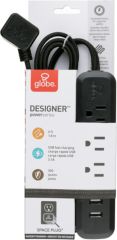 3-OUTLET POWER STRIP + 2 USB PLUGS , 6'