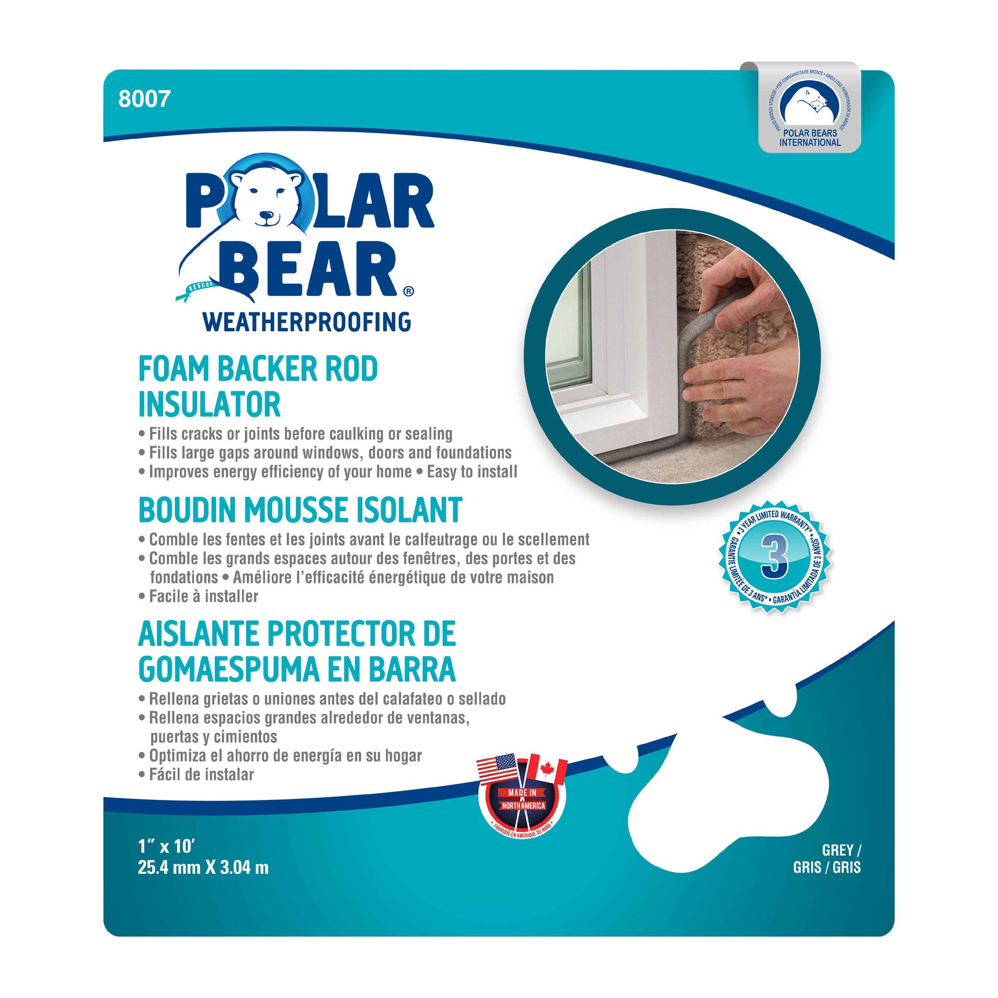 Boudin mousse isolant, gris, 1" x 10'