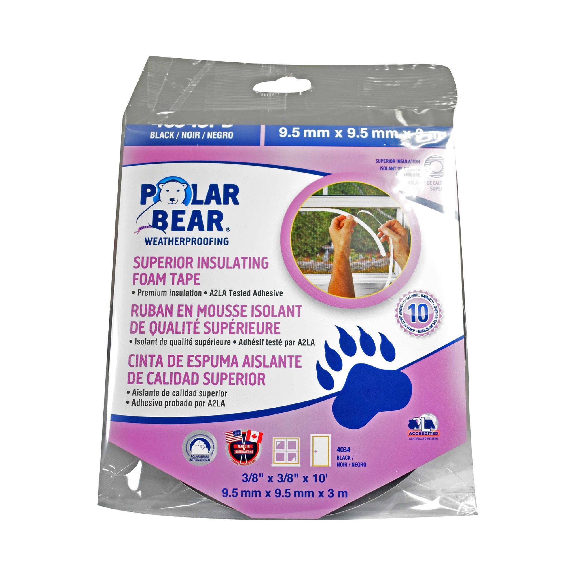 Ruban de mousse isolant supérieur, noir, 3/8" x 3/8" x 10'