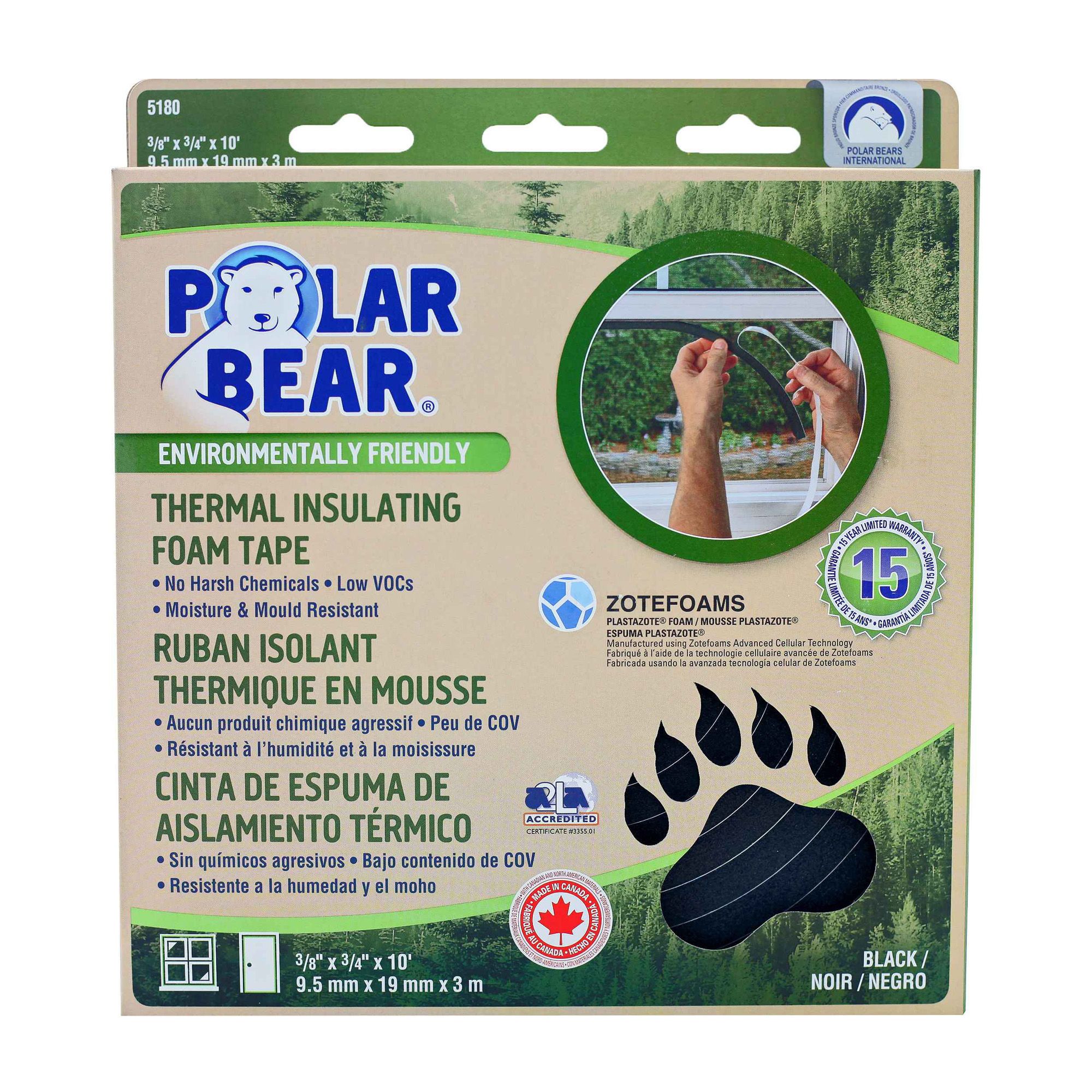 Ruban de mousse isolant thermique écologique, blanc, 3/8″ x 3/4″ x 10'