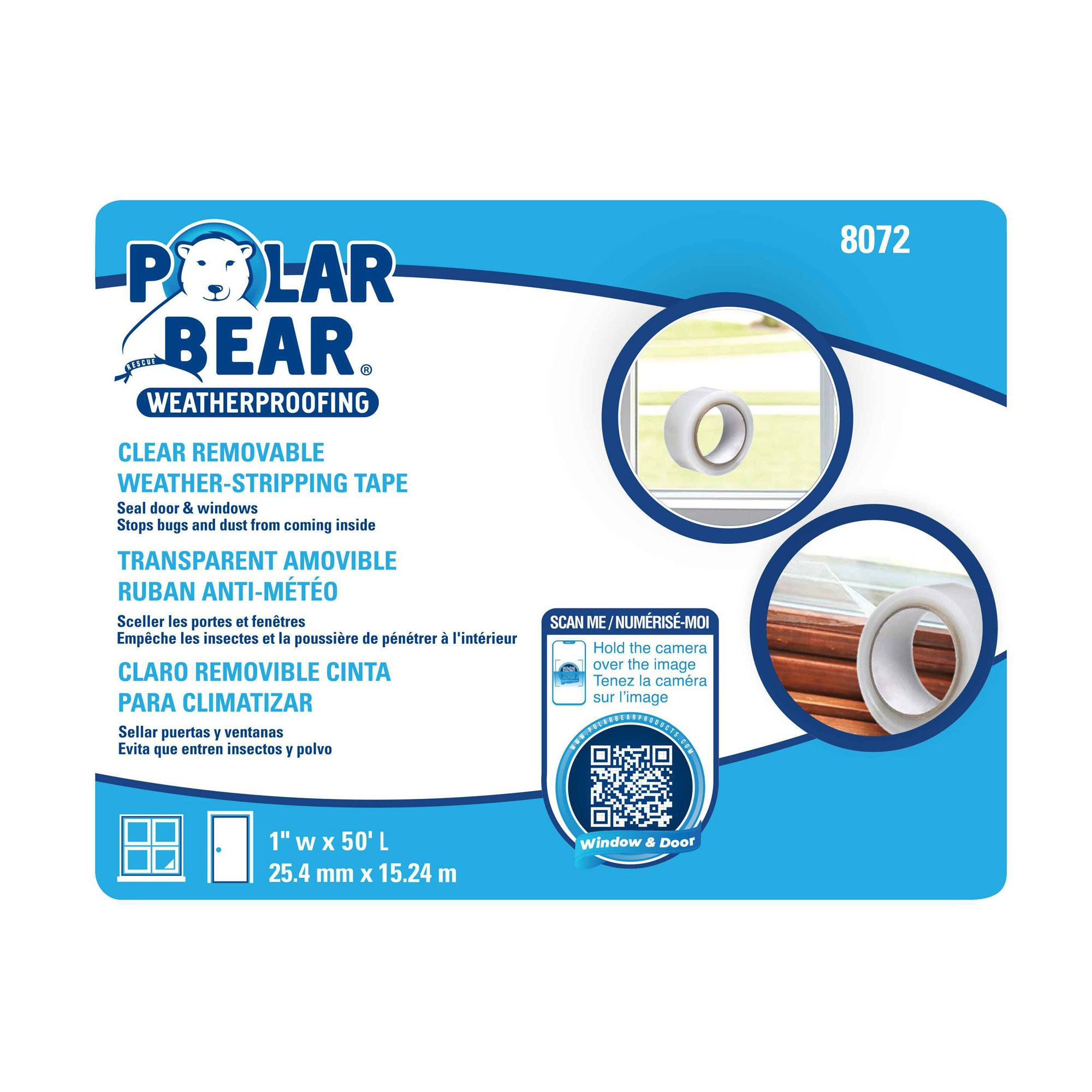 Ruban amovible anti-intemperies, transparent, 1" x 50'