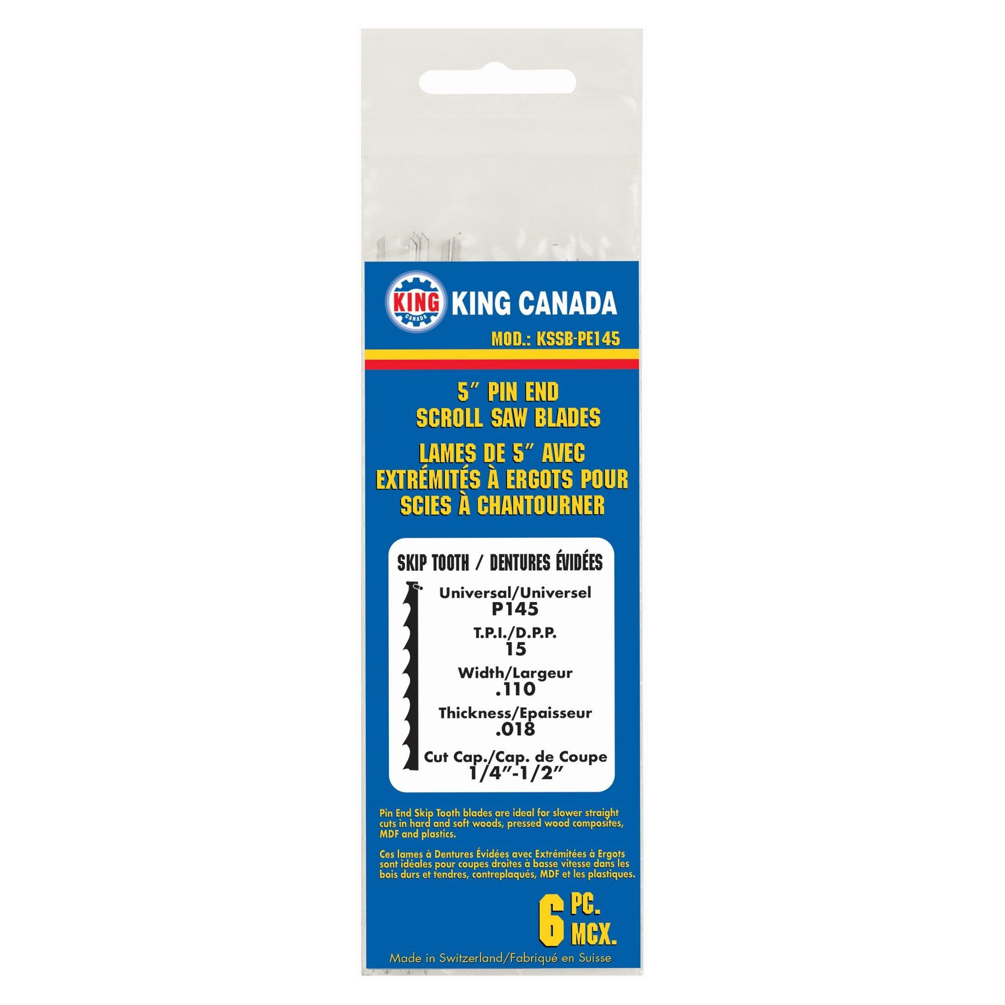 Lames avec extrémités à ergots pour scies à chantourner, 5",15 DPP, 1/4" - 1/2", 6/pqt