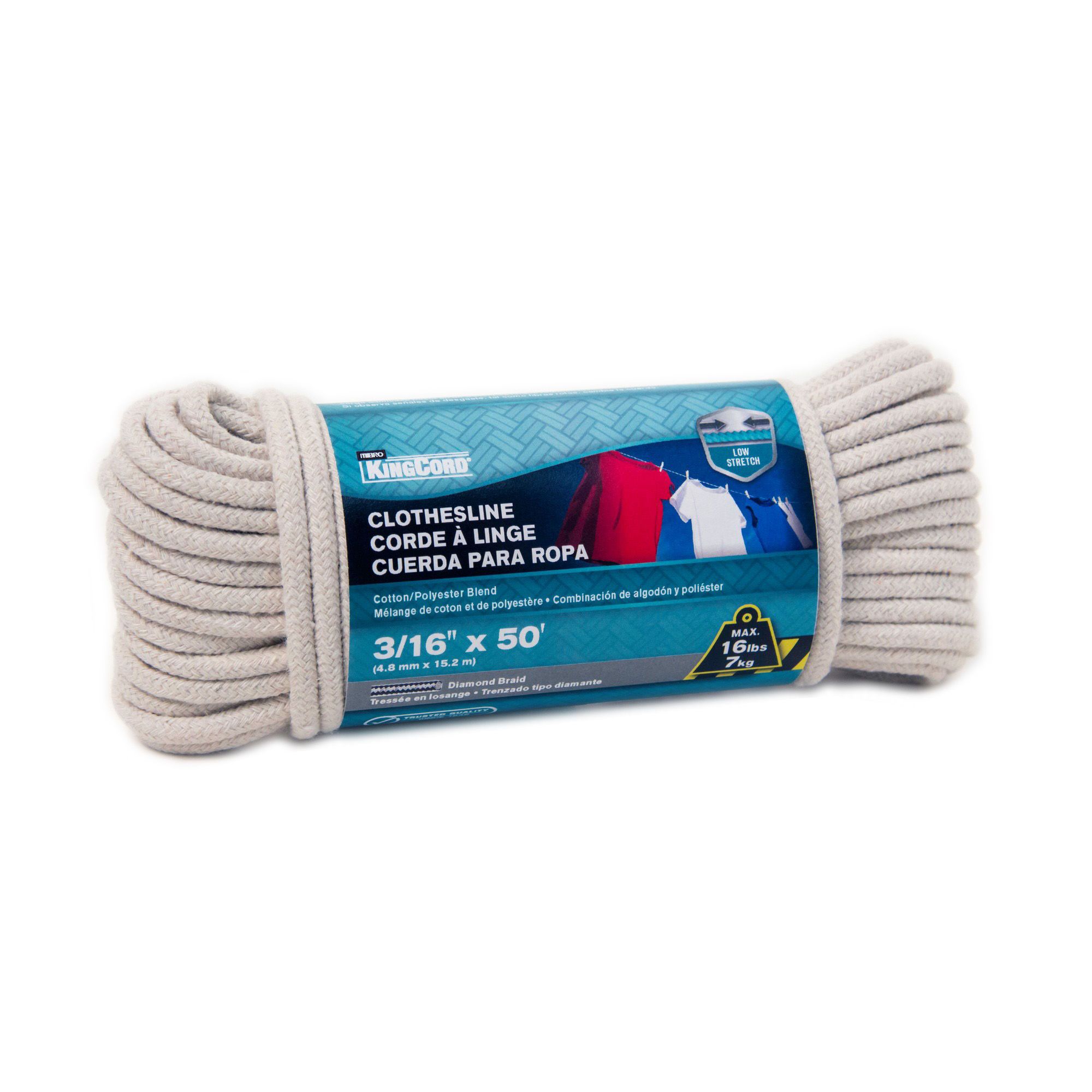 Corde à linge en polyester et coton tressée en losange, 3/16" x 50'