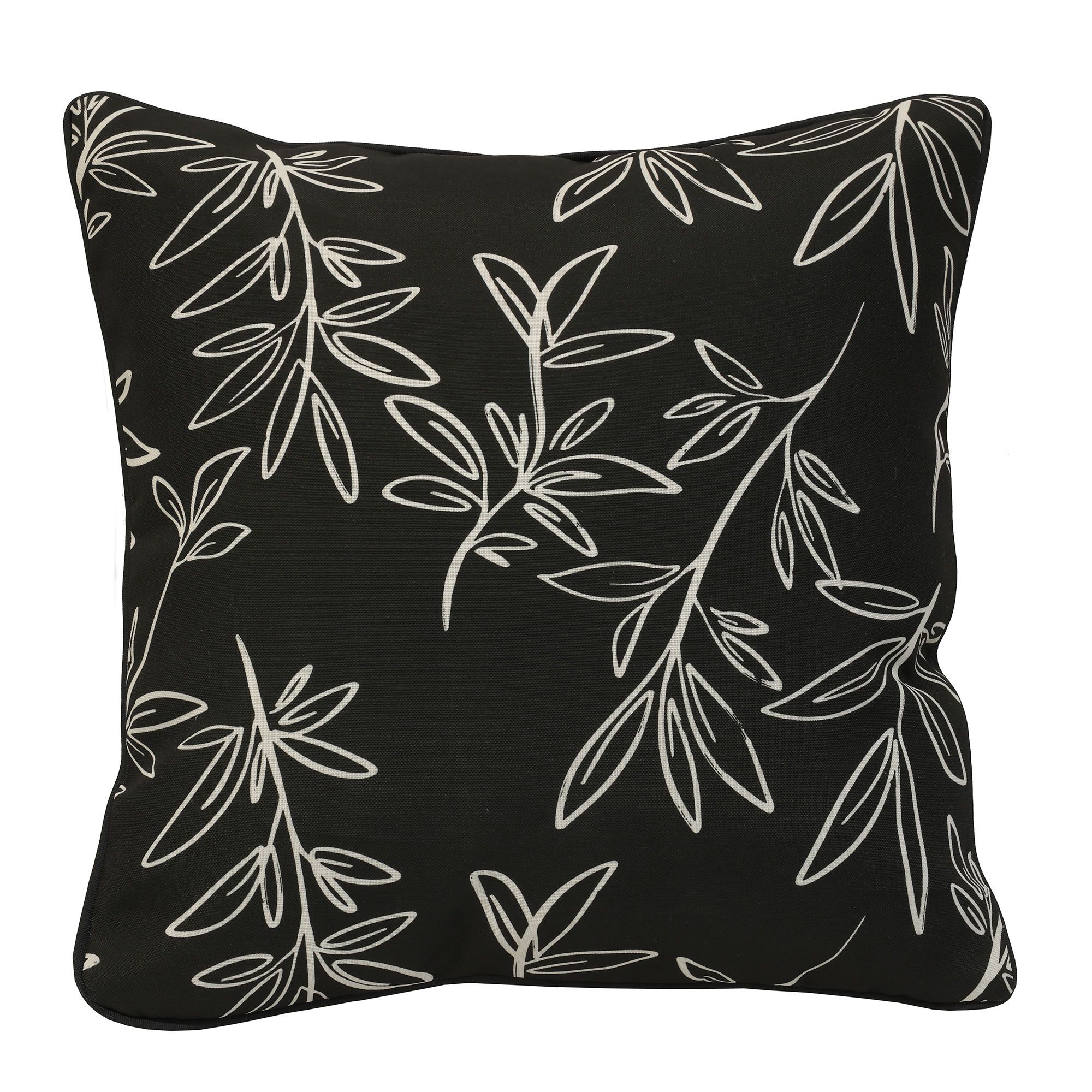 Coussin d'extérieur, feuille, noir, 18" x 18"
