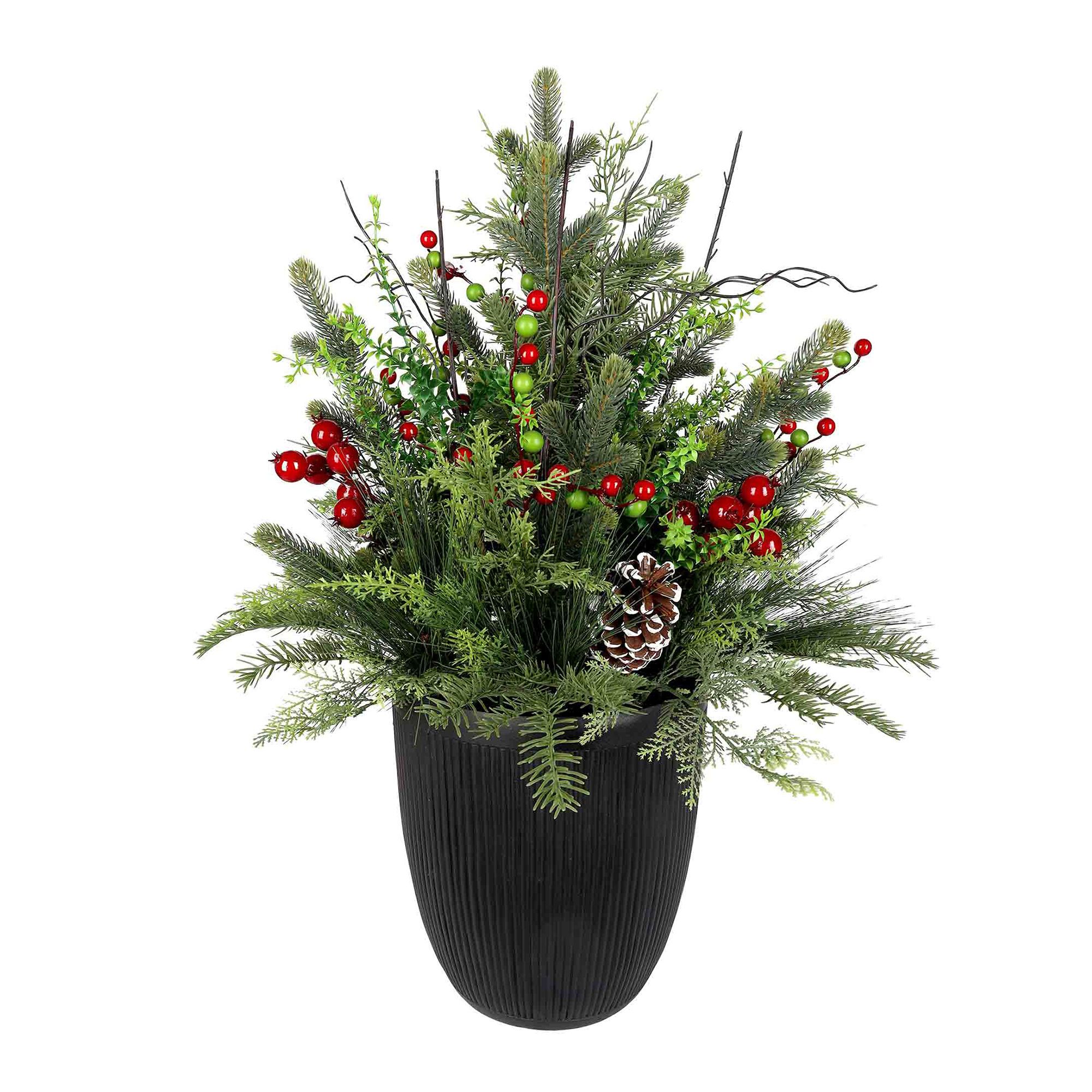 Arrangement décoratif en pin, 31’’, baies et pomme de pin, pot noir