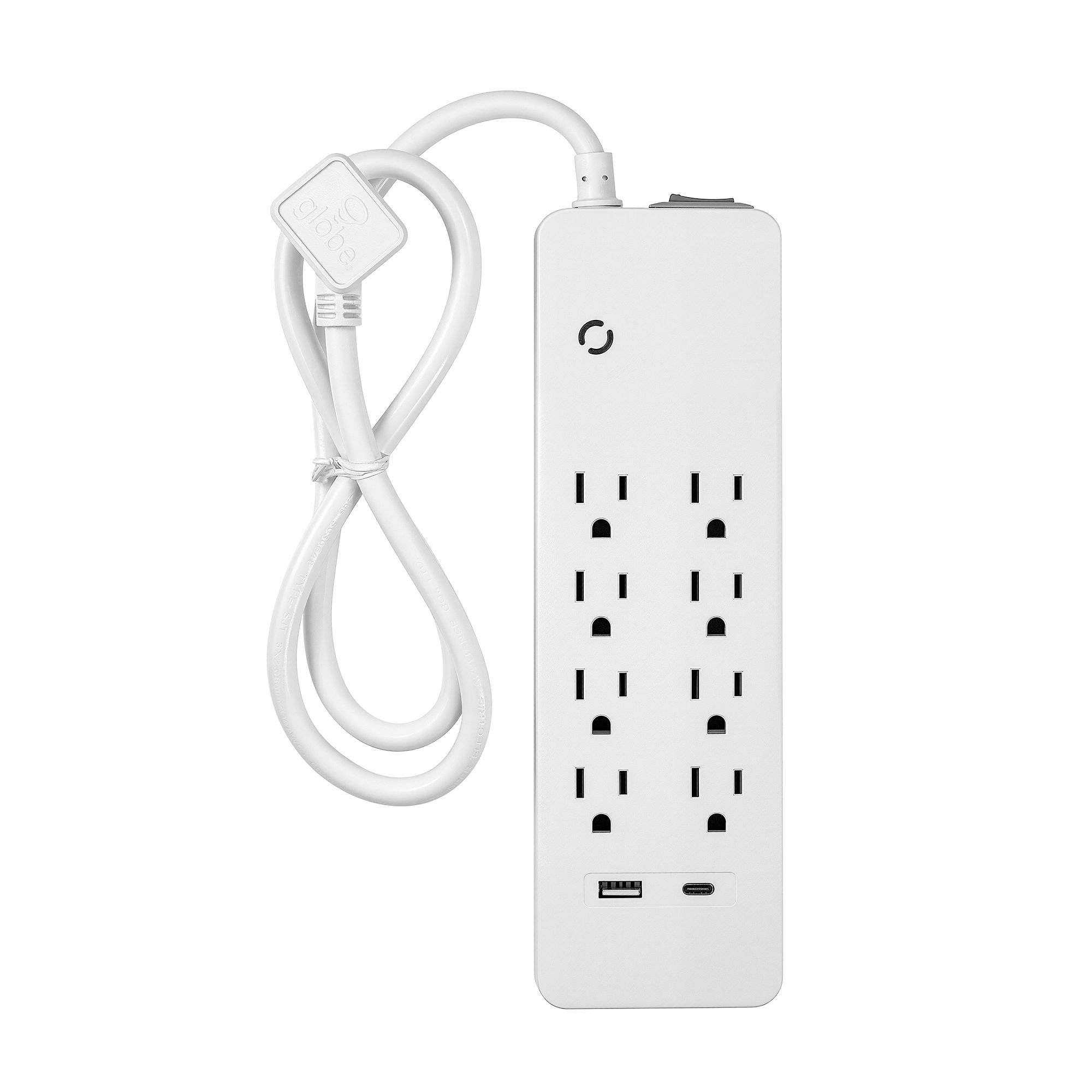 Barre d’alimentation multiprise, 8 prises, USB-A/USB-C, cordon 6’, blanc