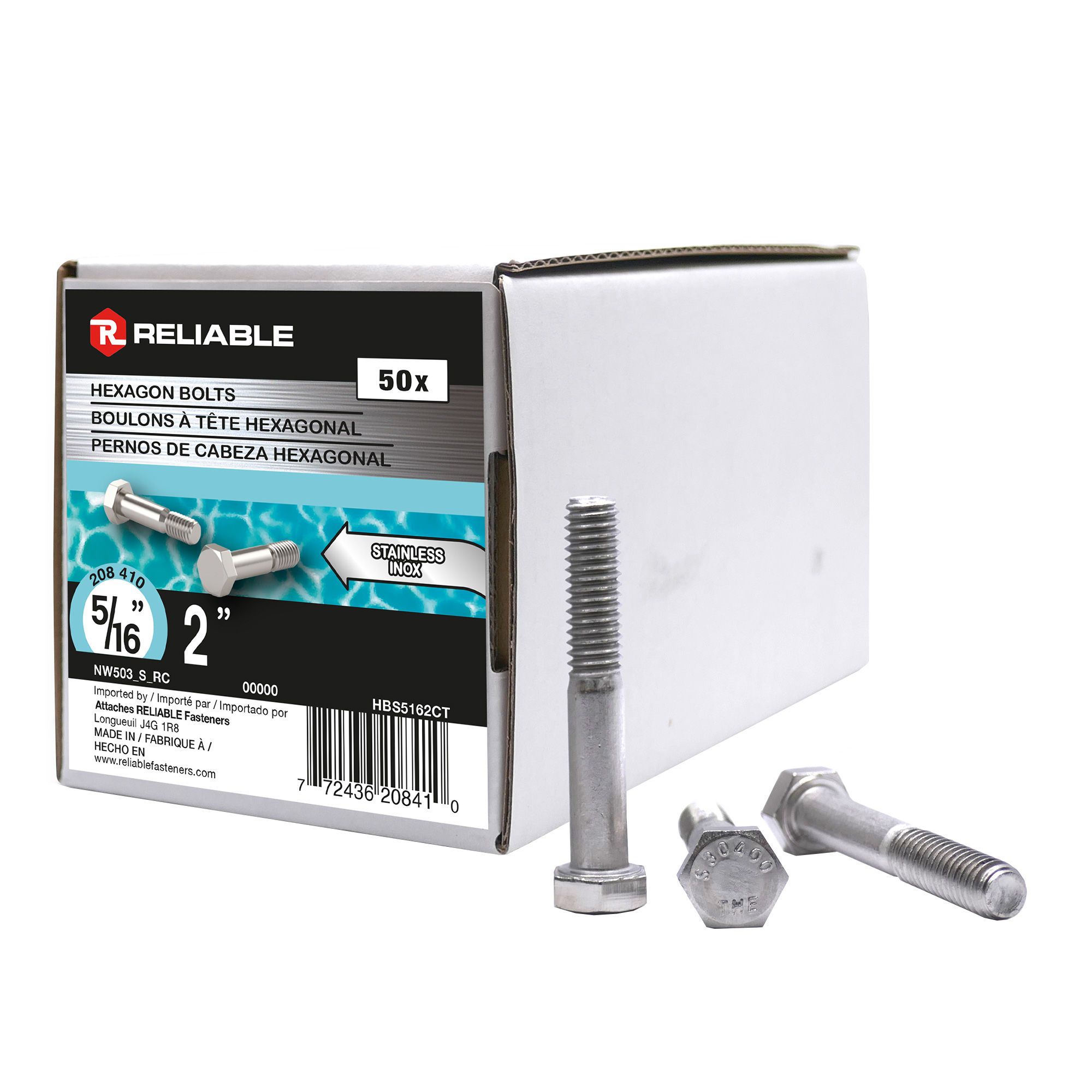 Boulons hexagonaux en acier inox, 5/16" x 2", 50/pqt