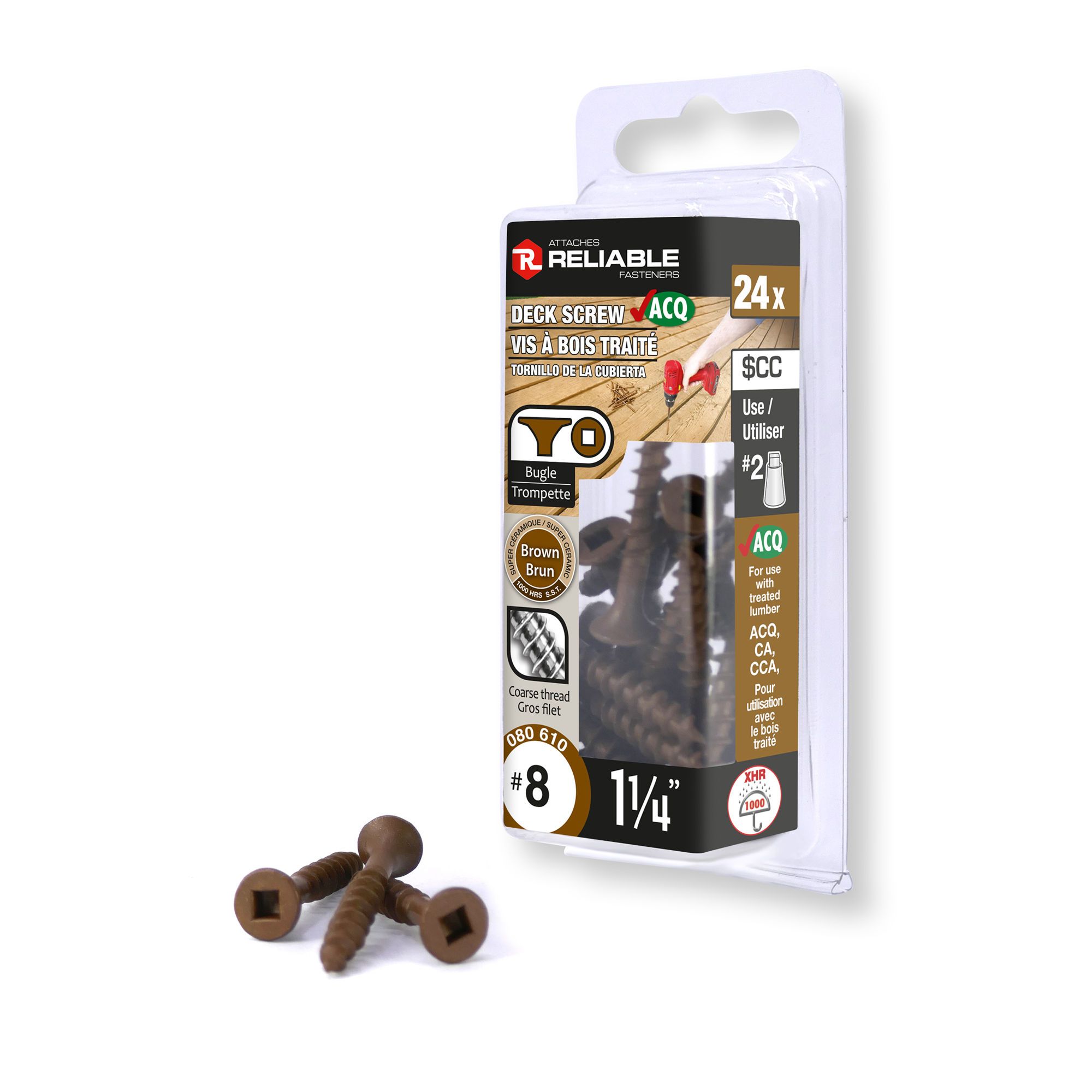 Vis pour bois traité, #8 x 1 1/4", gros filet, brun, 24/pqt