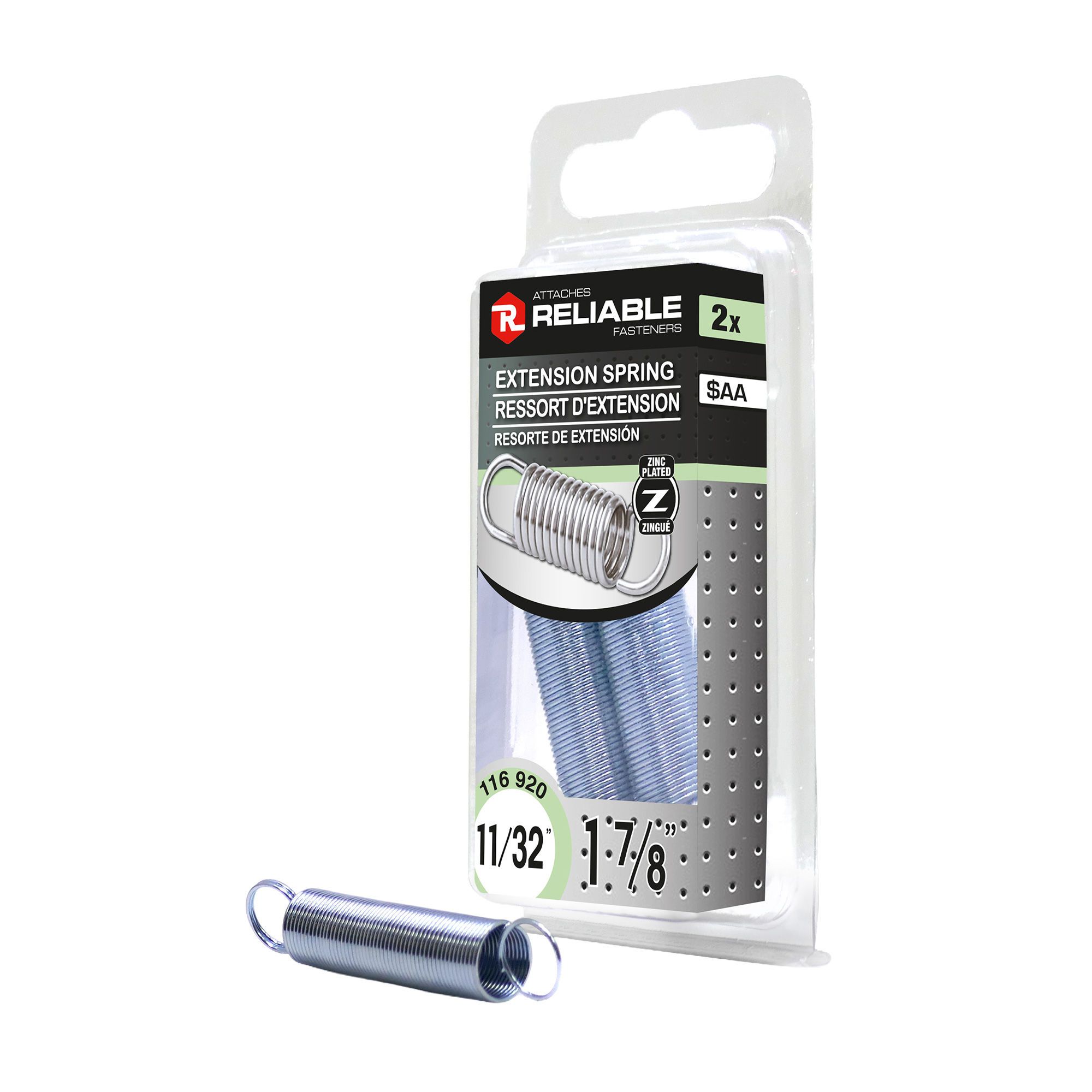 Ressorts d'extension, 11/32" x 1 7/8", acier zingué, 2/pqt