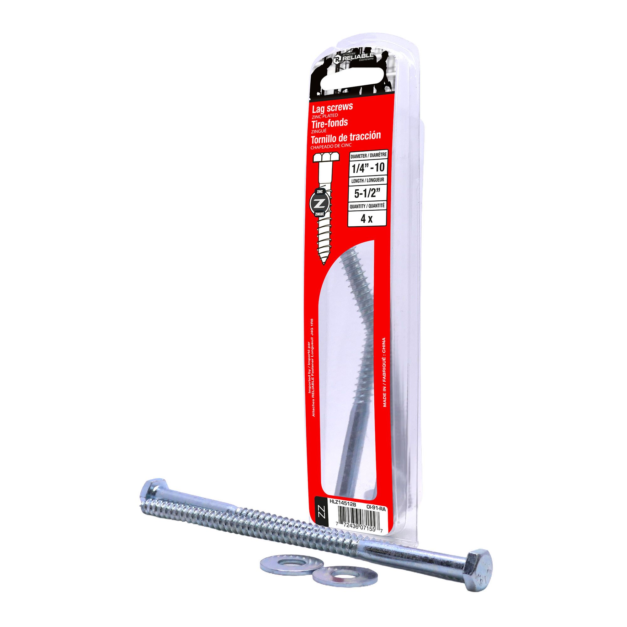 Boulons tire-fonds hexagonaux, rondelles, 1/4" x 5 1/2", 4/pqt
