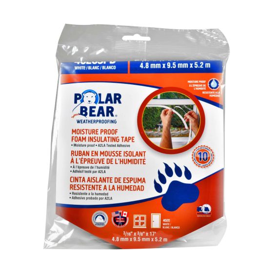 Ruban isolant en mousse résistant à l'humidité, blanc, 3/16″ x 3/8″ x 17'