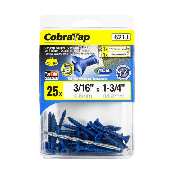 Concrete Screws - Flat Head 3/16" (+ Drill Bit + Drive Bit) (25) - 1 3/4" - 25/Pkg