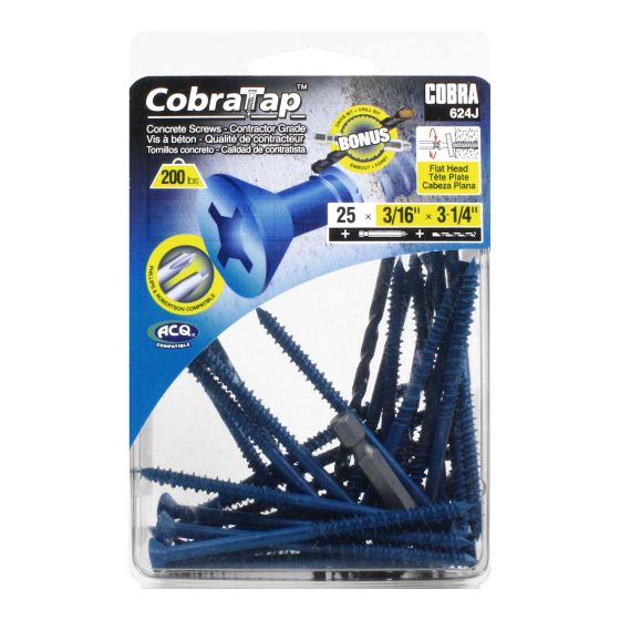 Concrete Screws - Flat Head 3/16" (+ Drill Bit + Drive Bit) (25) - 3 1/4" - 25/Pkg