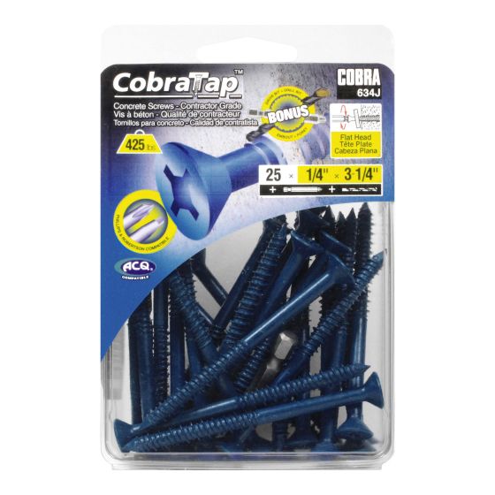 Concrete Screws - Flat Head 1/4" (+ Drill Bit + Drive Bit) (25) - 3 1/4" - 25/Pkg