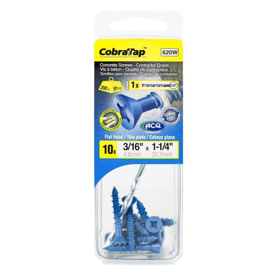 Concrete Screws - Flat Head - 3/16" x 1 1/4" - Drill Bit incl. - 10/pack