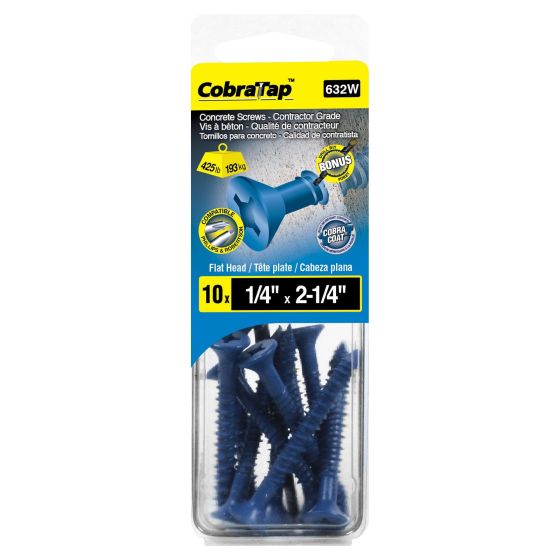 Concrete Screws - Flat Head - 1/4" x 2 1/4" - Drill Bit incl. - 10/pack
