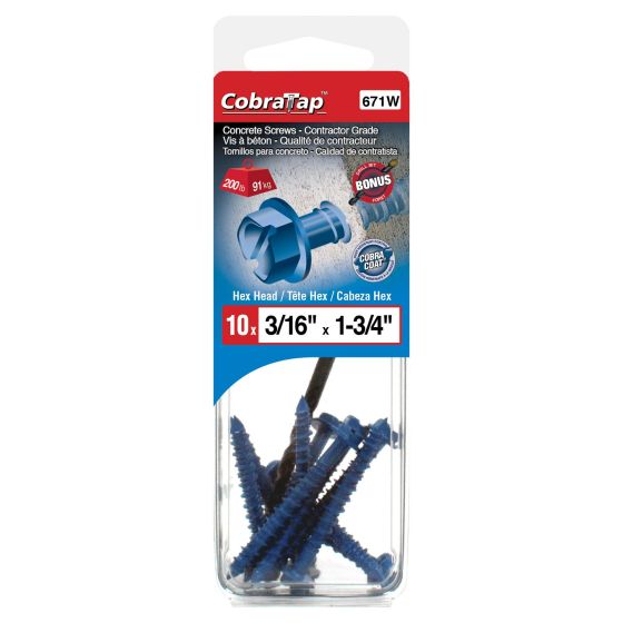 Concrete Screws - Hex Head 3/16" x 1 3/4" - Drill Bit incl. - 10/pack
