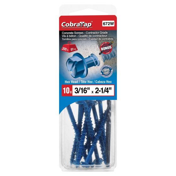 Vis à béton tête hex, 3/16" x 2 1/4", foret incl., 10/pqt