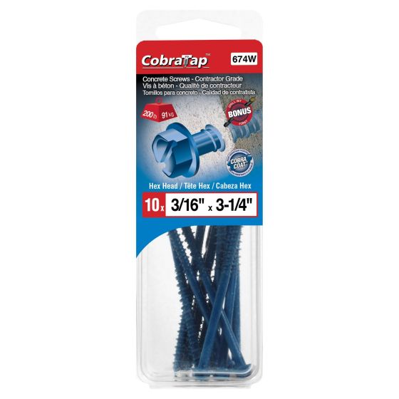 Concrete Screws - Hex Head 3/16" x 3 1/4" - Drill Bit incl. - 10/pack