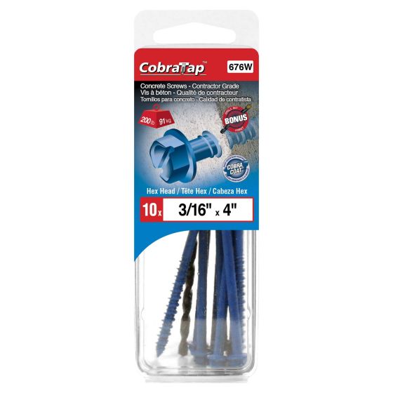 Vis à béton tête hex, 3/16" x 4", foret incl., 10/pqt