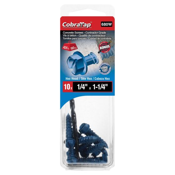 Concrete Screws - Hex Head 1/4" x 1 1/4" - Drill Bit incl. - 10/pack