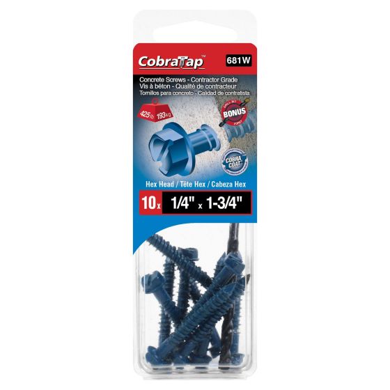 Vis à béton tête hex, 1/4" x 1 3/4", foret incl., 10/pqt