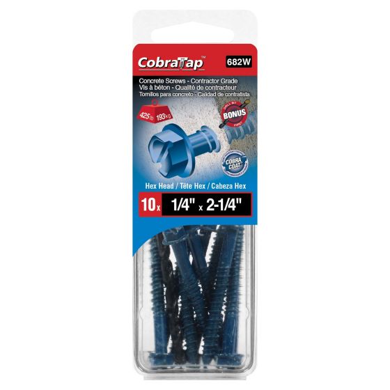 Vis à béton tête hex, 1/4" x 2 1/4", foret incl., 10/pqt