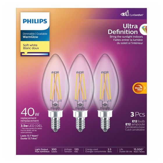 WarmGlow Ultra Definition LED E12 Filament Bulbs - 40 W - Soft White- 3/Pkg