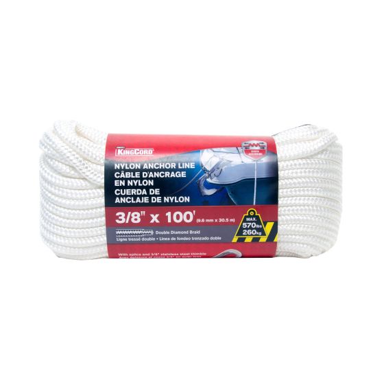 Ligne d'ancrage de nylon à tressage double en losange, blanc, 3/8" x 100'