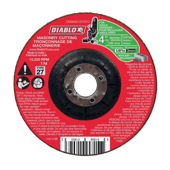 Cut-Off Grinder Wheel for Masonry - 4" x 1/8" x 5/8"