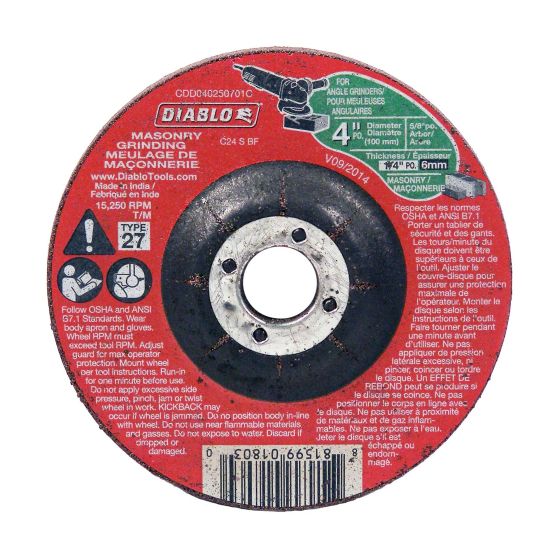 Cut-Off Grinder Wheel for Masonry - 4" x 1/4" x 5/8"