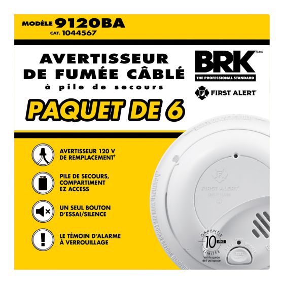 Détecteur de fumée, câblé, 6/paquet