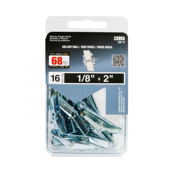 Spring Toggle Bolt Anchors, Hollow Wall, 1/8 x 2-in, 16/Pkg