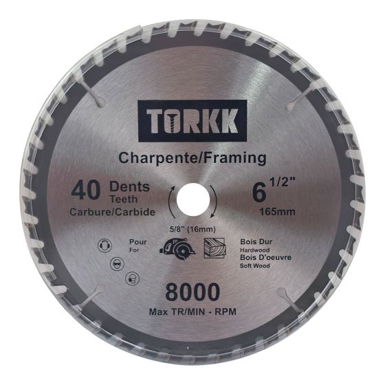 Lame de scie circulaire au carbure, 6 1/2", 40 dents