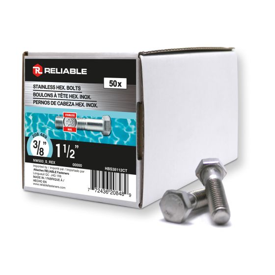 Boulons à tête hexagonale, 3/8" x 1 1/2", acier inoxydable, 50/pqt