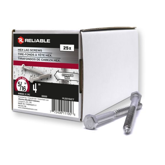 Boulons tire-fonds, 5/16" x 4", acier inoxydable, 25/pqt