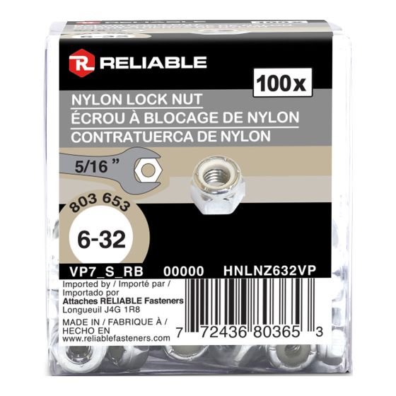 Hex Lock Nuts - 6-32 - Nylon Insert - 100/Pkg