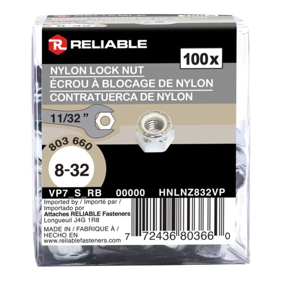 Hex Lock Nuts - 8-32 - Nylon Insert - 100/Pkg