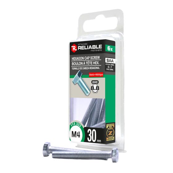 Hex Head Bolts - M4 x 30 mm - Zinc-Plated - 6/Pkg