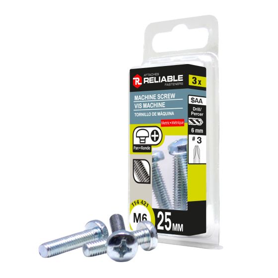 Vis mécaniques, M6 x 25 mm, type B, zingué, 3/pqt