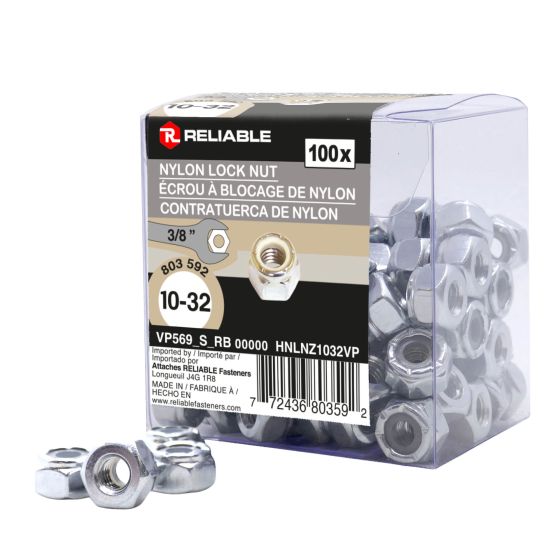 Hex Nylon Lock Nuts - 10-32 - Zinc Finish - 100/Pkg