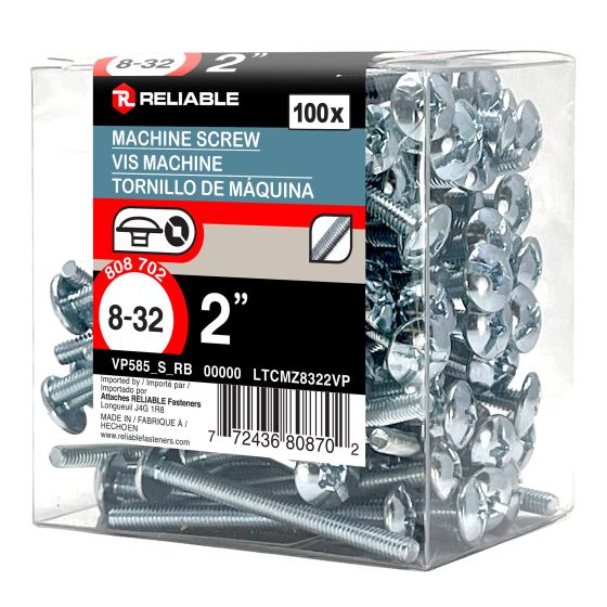 Machine Screws - 8-32 x 2" - Type B - Zinc Plated - 100/Pkg