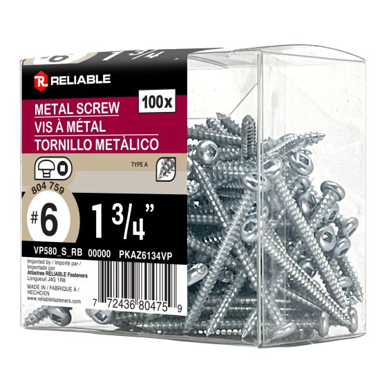 Metal Screws - #6 x 1 3/4" - Self-Tapping - Type A - 100/Pkg