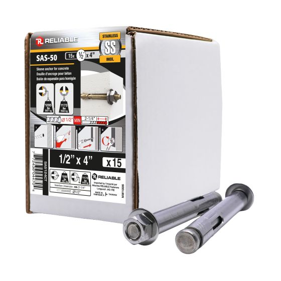 Stainless Steel Sleeve Anchors - 1/2" x 4" - 15/Pkg