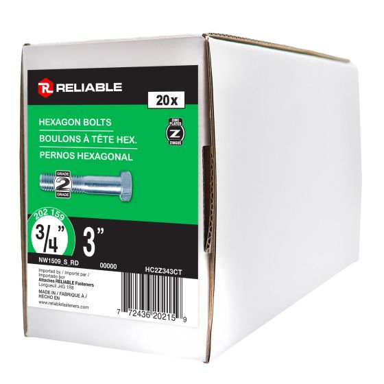 Hex Head Bolts - 3/4" x 3" - Grade 2 - Zinc-Plated - 20/Pkg
