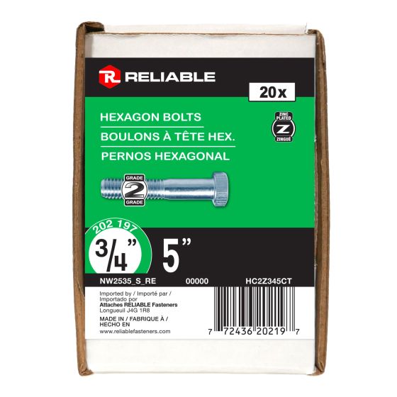 Hex Head Bolts - 3/4" x 5" - Grade 2 - Zinc-Plated - 20/Pkg