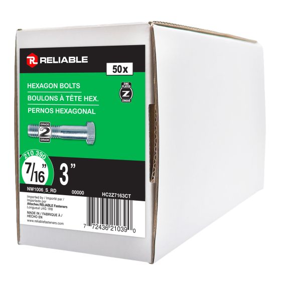 Hex Head Bolts - 7/16" x 3" - Grade 2 - Zinc-Plated - 50/Pkg