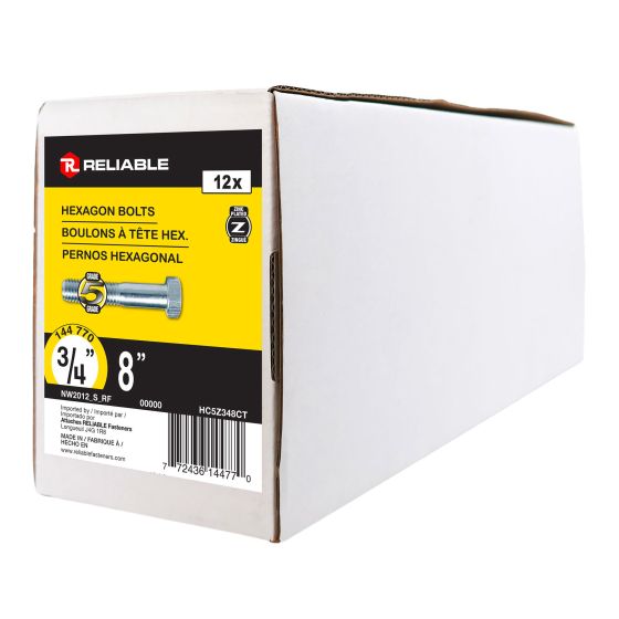 Boulon hexagonal,  3/4" x 8", grade 5, zingué, paquet de 12